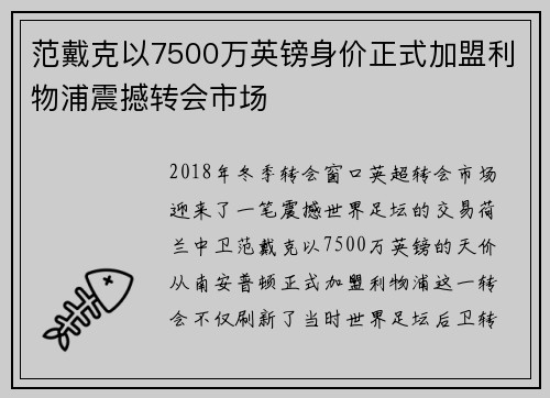 范戴克以7500万英镑身价正式加盟利物浦震撼转会市场