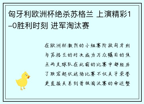 匈牙利欧洲杯绝杀苏格兰 上演精彩1-0胜利时刻 进军淘汰赛